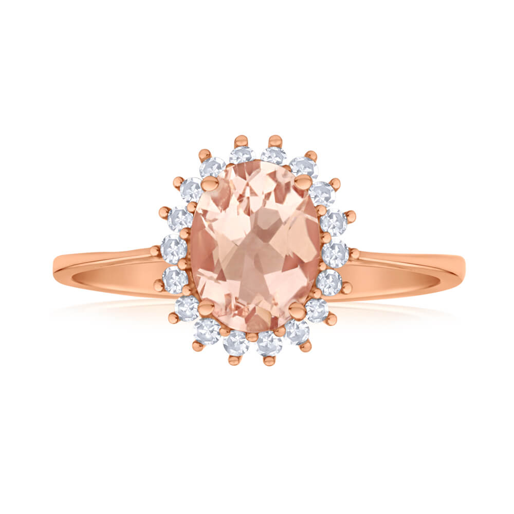 Exquisite 9 - carat Rose Gold Cluster Ring Featuring Diamonds and 8x6mm Morganite Gemstones