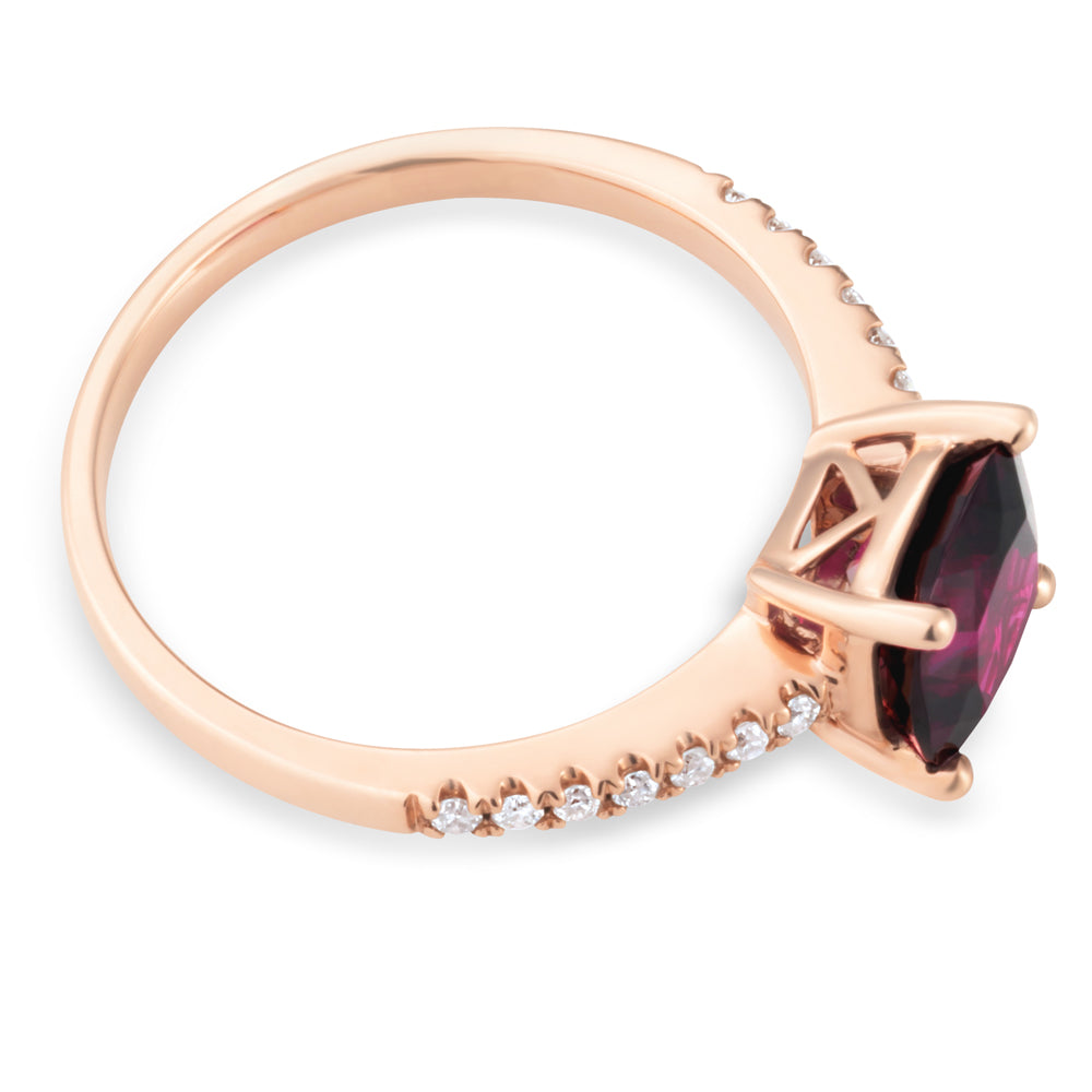 7mm Cushion Cut Rhodolite Garnet Ring in 9ct Rose Gold with 0.11ct Sparkling Diamonds