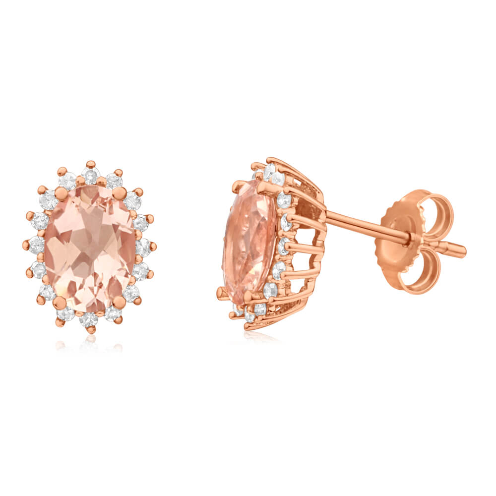 Gorgeous 9ct Rose Gold Cluster Stud Earrings Featuring Diamonds and 7x5mm Morganite Gemstones