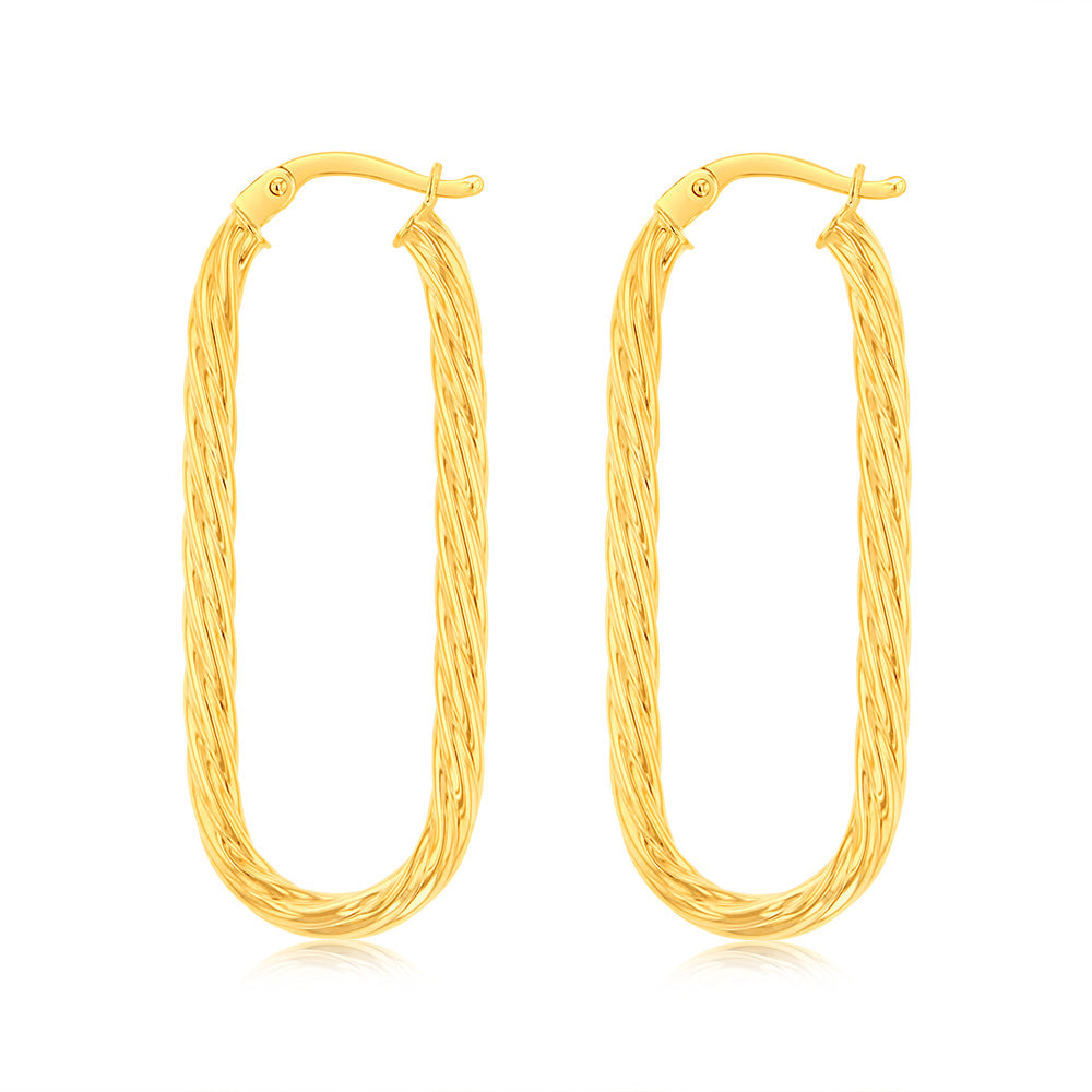 Stunning 9ct Yellow Gold Twisted and Elongated Hoop Earrings