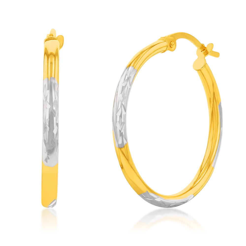 20mm 9ct Two-Tone White and Yellow Gold Double-Side Diamond-Cut Hoop Earrings