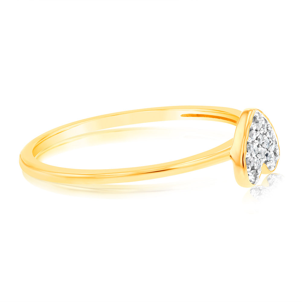 Exquisite 9ct Yellow Gold Heart Dress Ring Adorned with 15 Brilliant Diamonds
