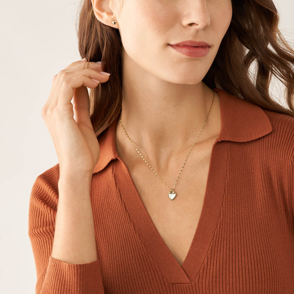 Fossil Fashionable Yellow Gold - Coated Stainless Steel Mother - of - Pearl Earring and Pendant with Chain Jewelry Set