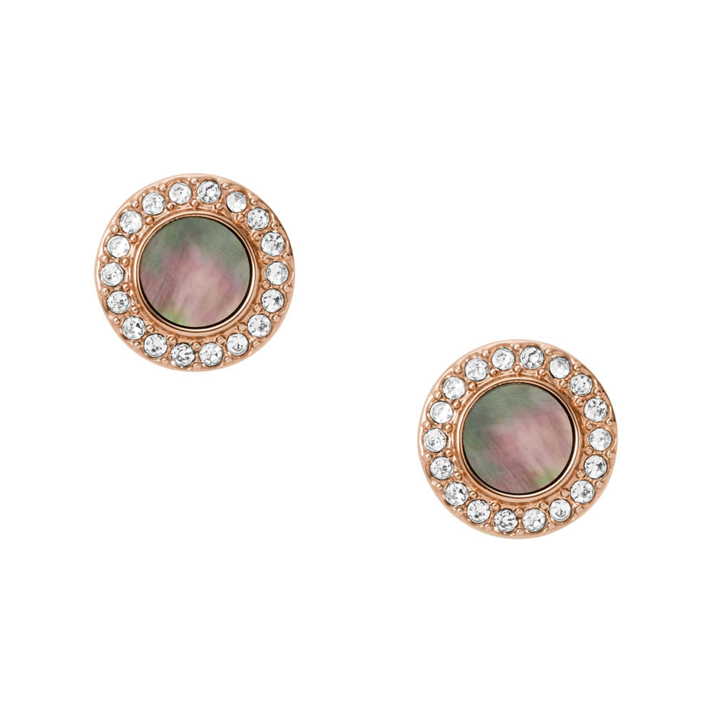 Fossil Fashionable Rose Gold Plated Stainless Steel Gray Mother Of Pearl Glitter Stud Earrings for Women