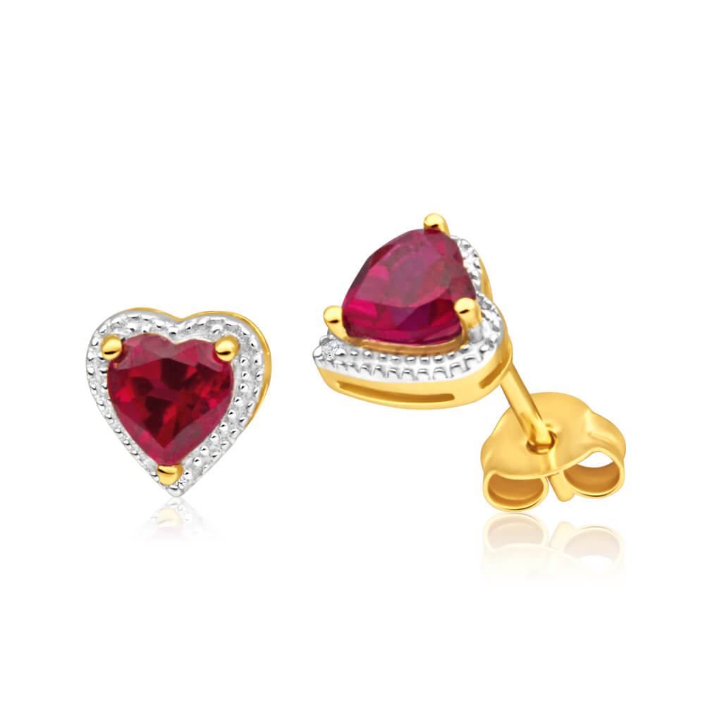 9ct Yellow Gold Stud Earrings with Sparkling Created Rubies and Diamonds