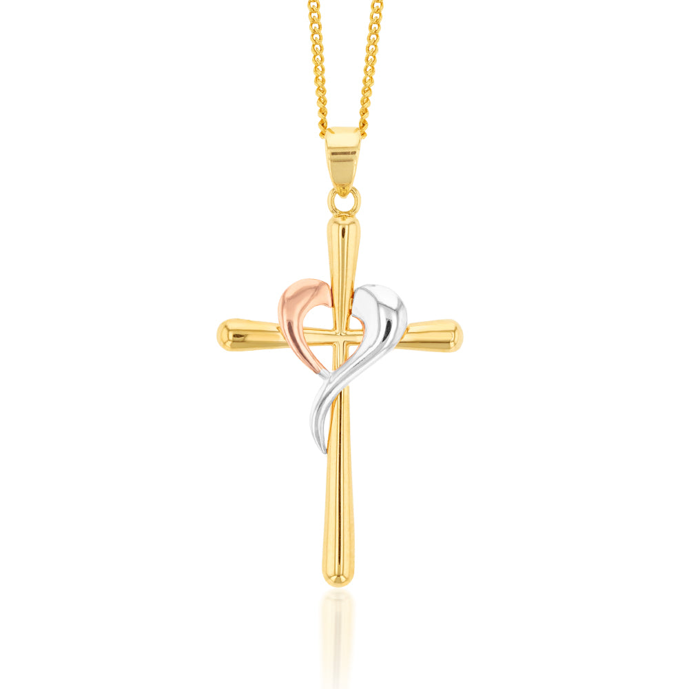 Exquisite 9ct Yellow, Rose, and White Gold Cross Pendant with Crossover Design