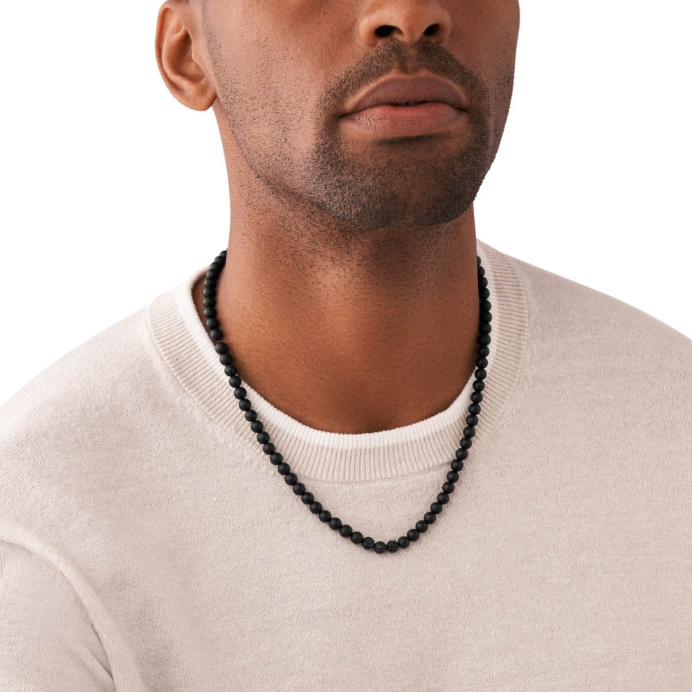 Emporio Armani Stylish Stainless Steel Black Onyx Beaded Necklace Chain