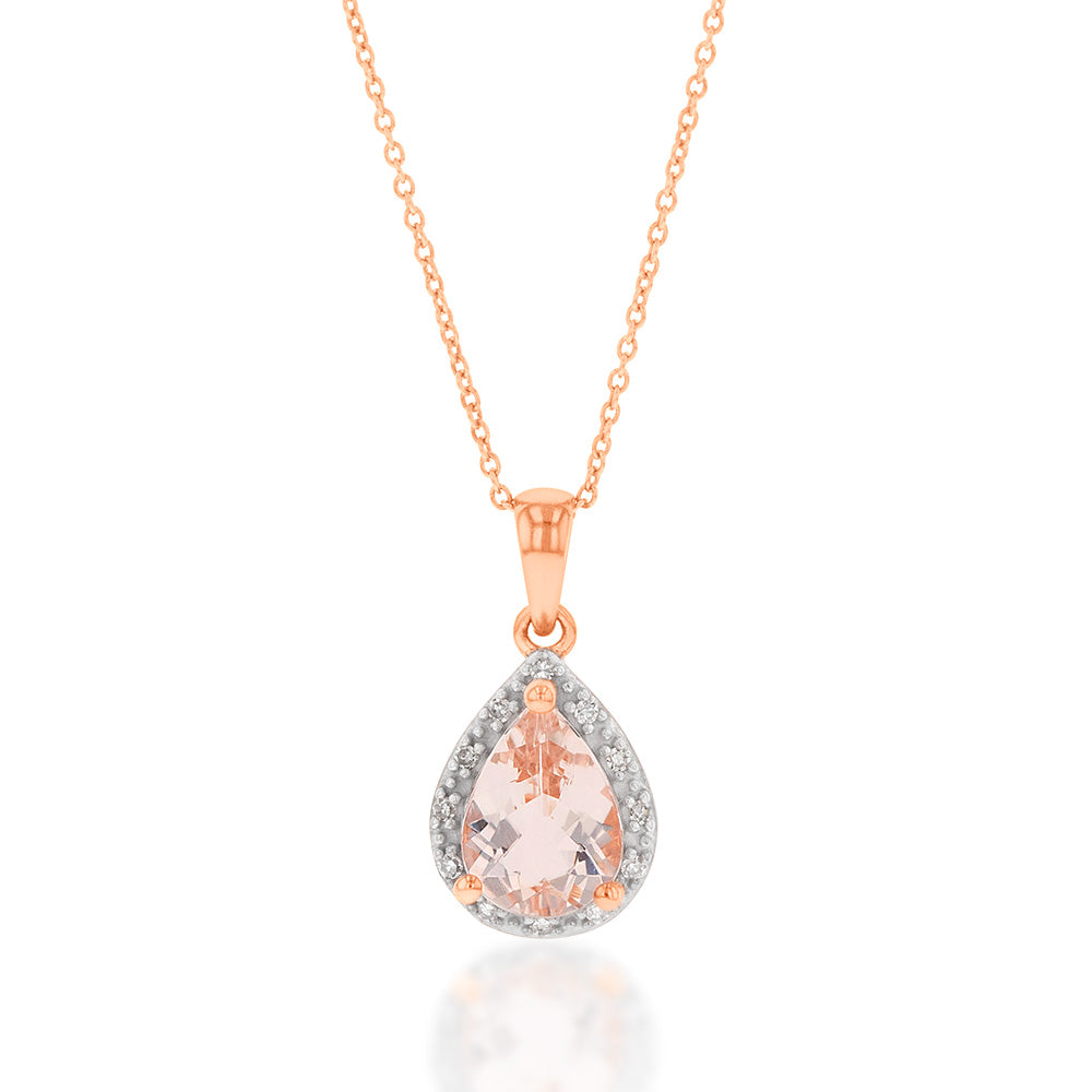9ct Rose Gold 1.00ct Morganite 8x6mm Pear-Shaped & Diamond Pendant with 45cm Chain