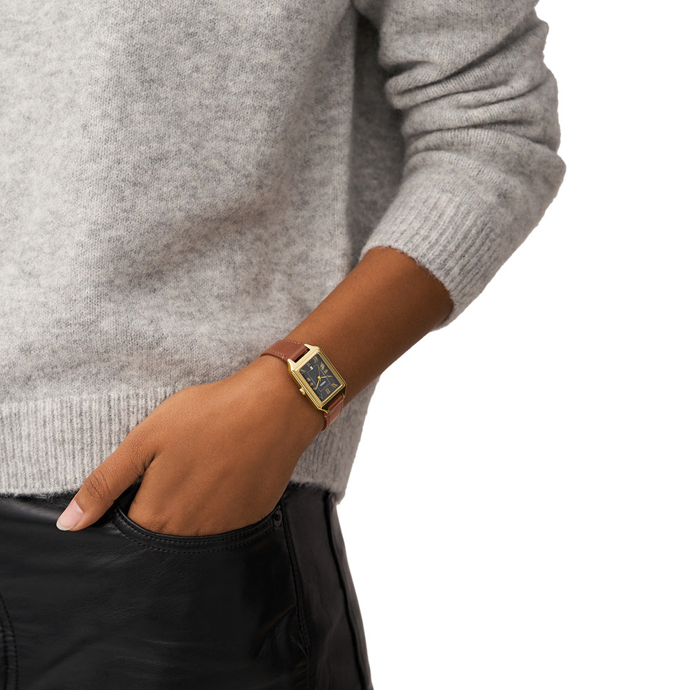 Fossil Raquel ES5303 Gold Rectangular Watch with Brown Leather Strap