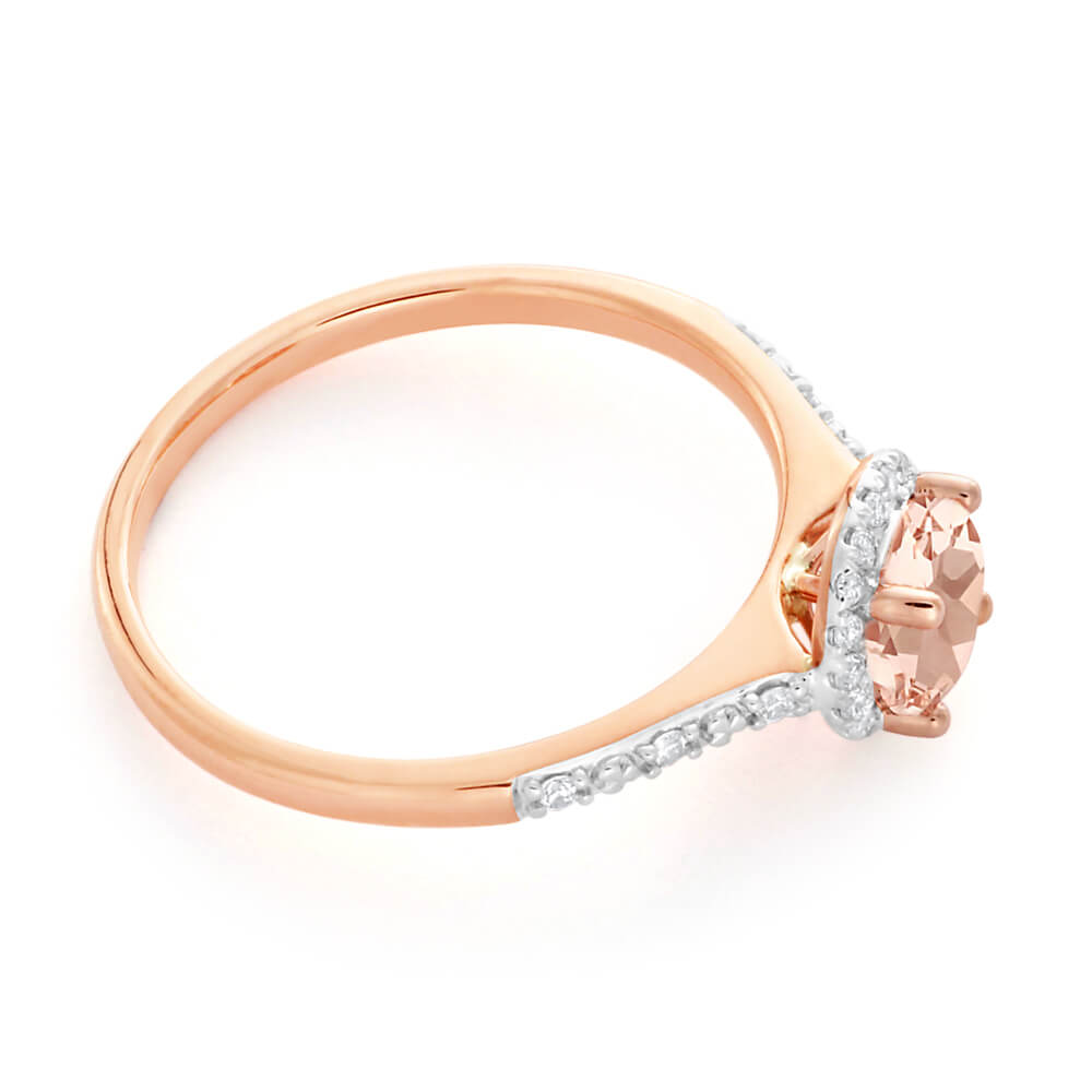 Exquisite 9 Carat Rose Gold Engagement Ring with 0.8 Carat Morganite and 0.10 Carat Diamond Halo