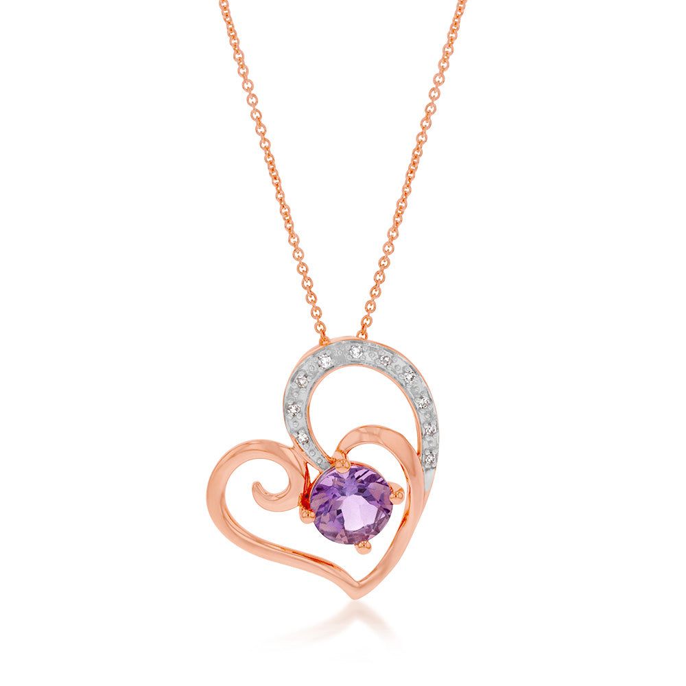 9-carat Rose Gold Amethyst and Diamond Heart-shaped Pendant Necklace with a 45cm Chain