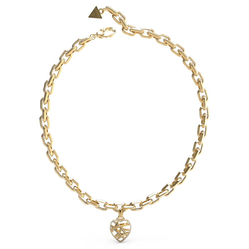 Guess 16-Inch Gold-Plated Stainless Steel Heart Cage Chain Necklace