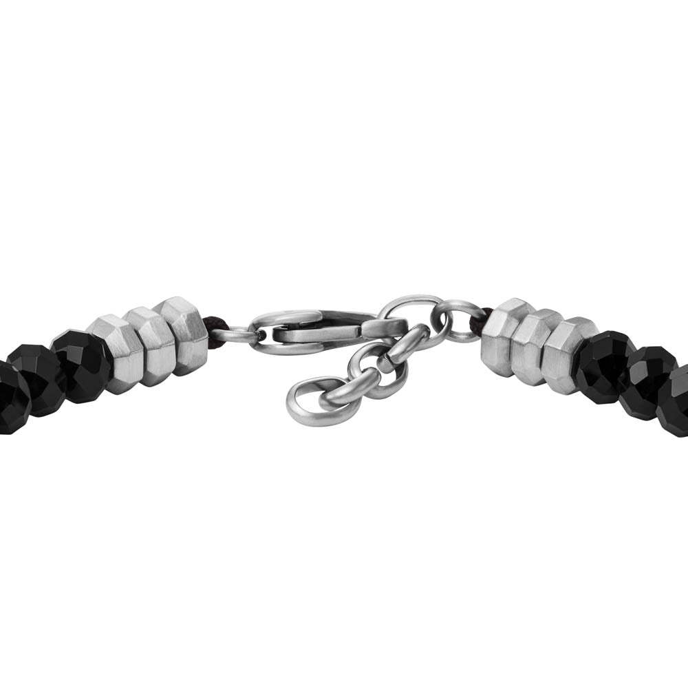 Fossil Branded Stainless Steel Fashion Jewelry Black Agate Beaded Bracelet with a Length of 19+2.5cm