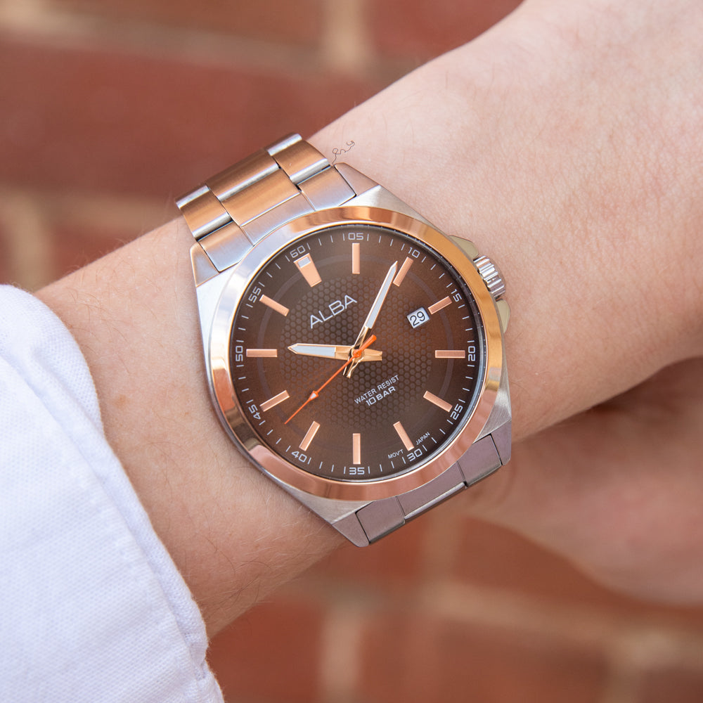 Alba Prestige AS9P12X Luxury Stainless Steel Men's Watch with Striking Bronze Bezel