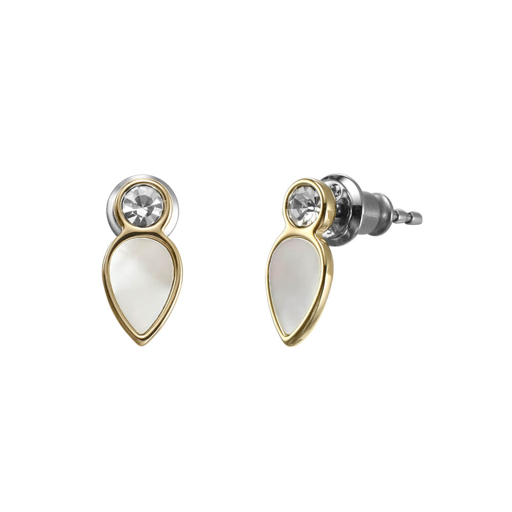Fossil Stylish Yellow Gold - Coated Stainless Steel Mother - of - Pearl Teardrop Stud Earrings for Women