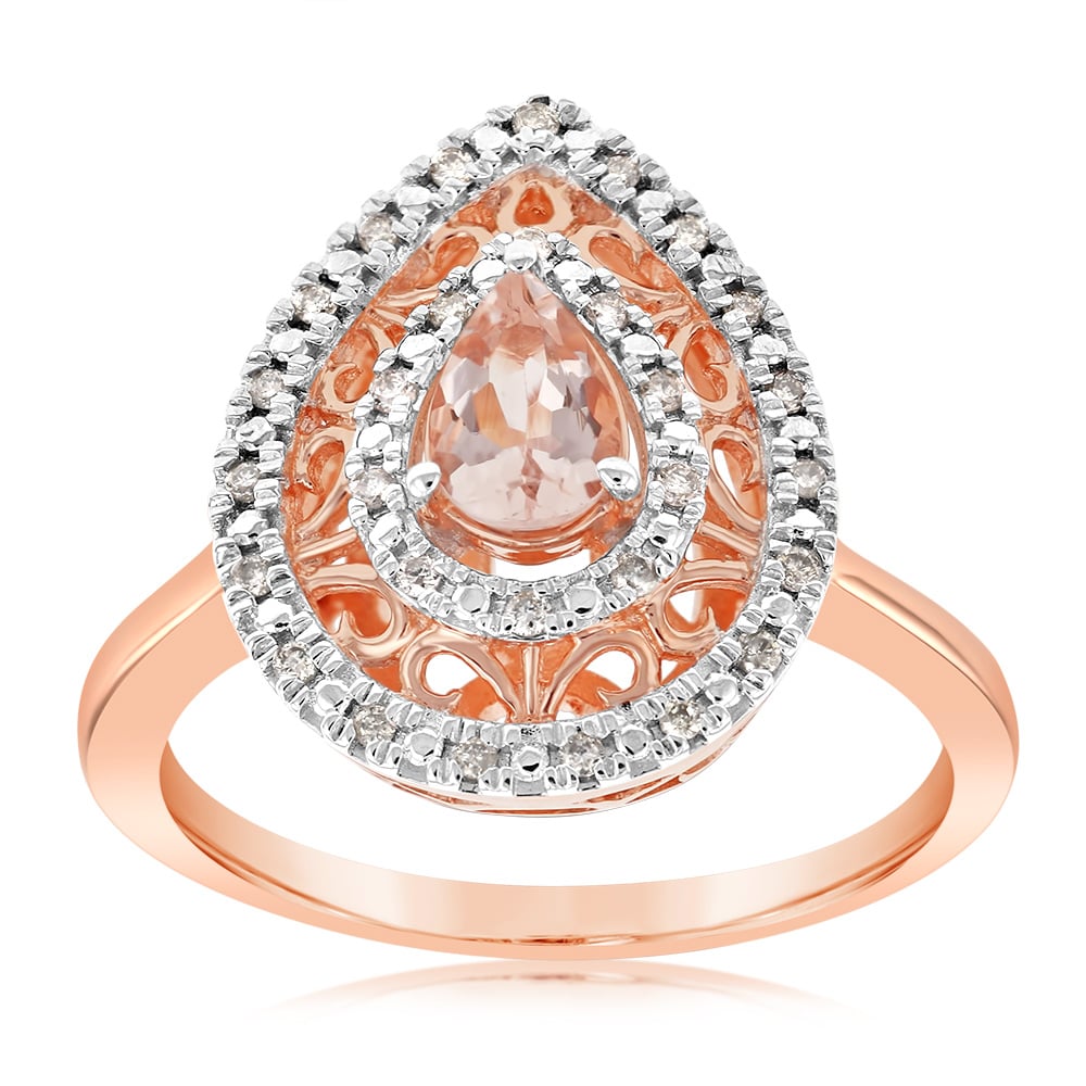 Stunning 9ct Rose Gold Diamond and Oval Natural Morganite Engagement Pear Ring