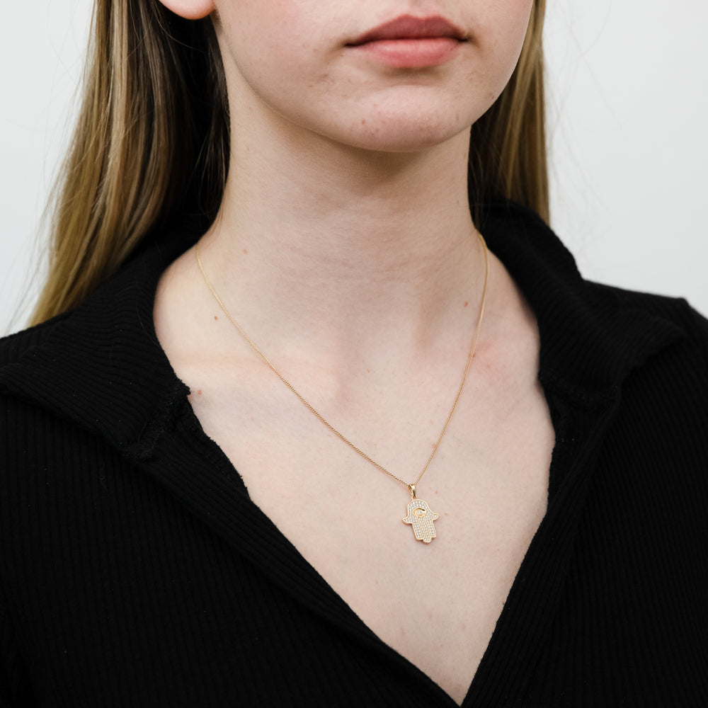 Exquisite 9 Carat Yellow Gold Zirconia-Encrusted Hamsa Hand Pendant for Women's Jewelry Collection