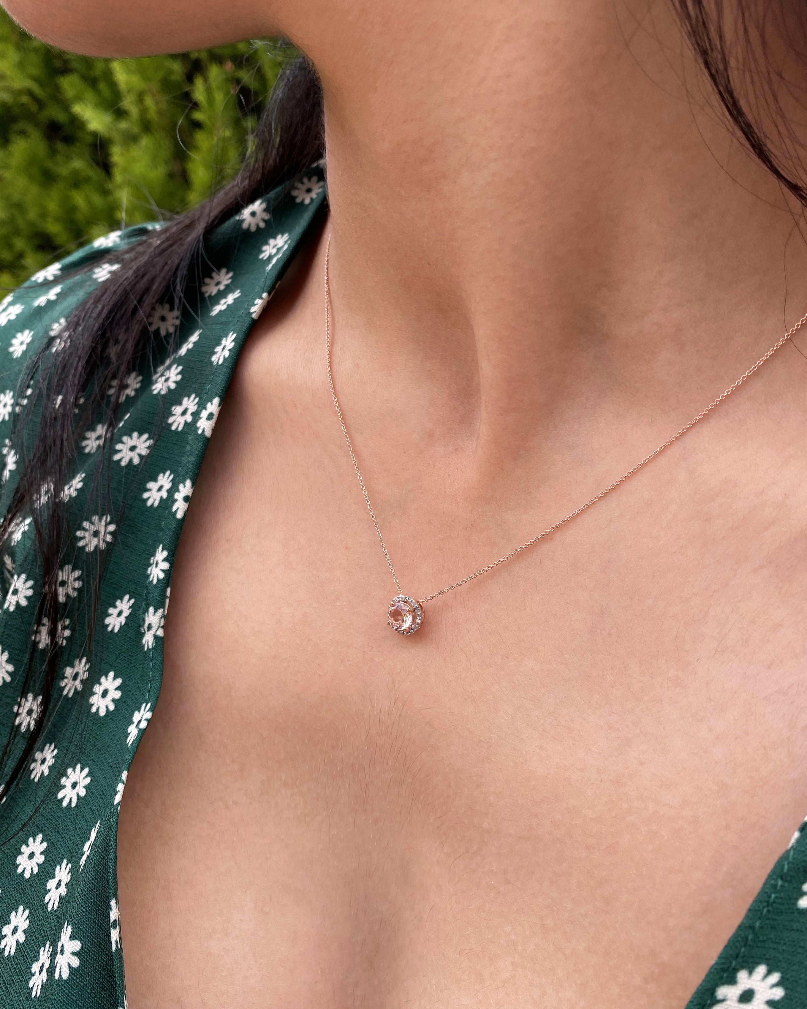 45cm Chain 9 Carat Rose Gold Pendant Featuring Morganite with a Diamond Halo