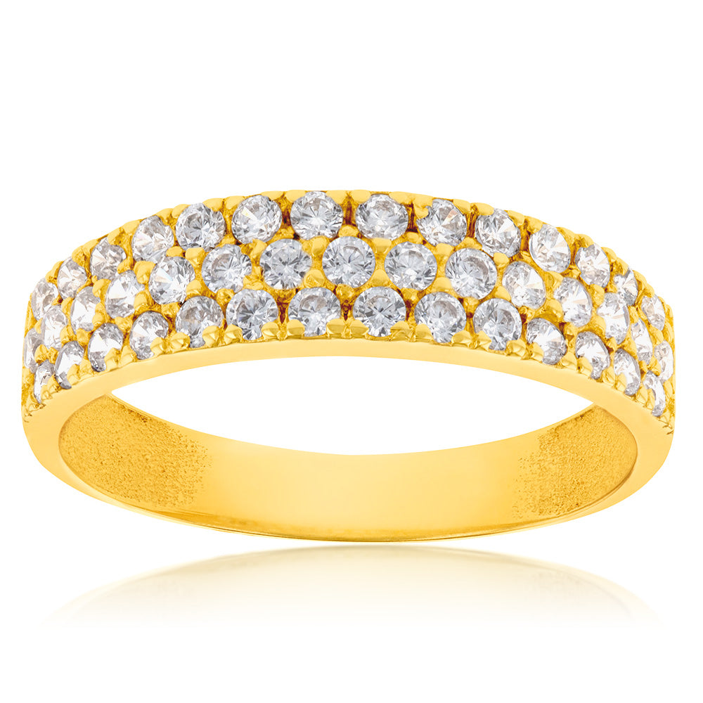 Stylish 9ct Yellow Gold Three - Row Zirconia Claw - Set Ring