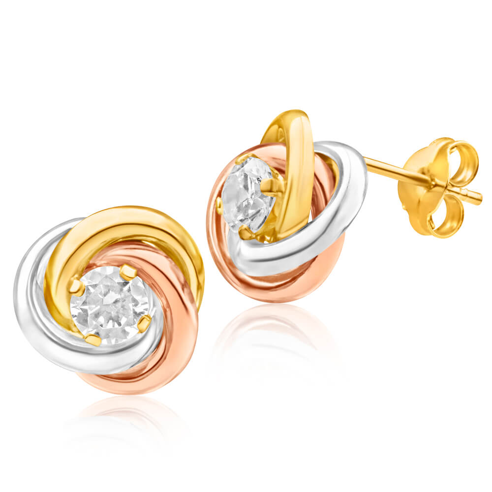 Exquisite 9 Carat Gold Three - Tone 4mm Round - Cut Cubic Zirconia Knot Design Stud Earrings for Women