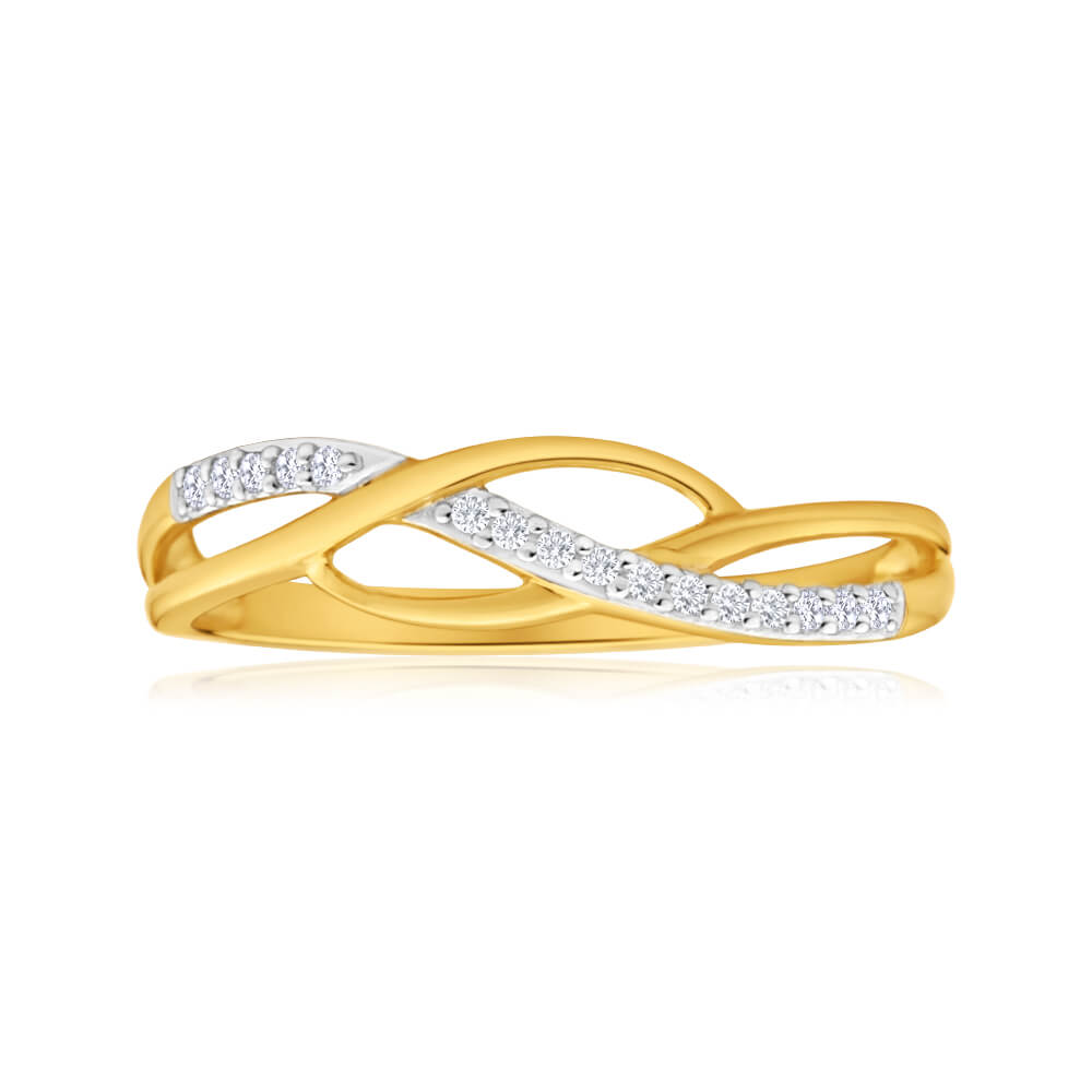 Exquisite 9ct Yellow Gold Ring with Swirling Zirconia Design