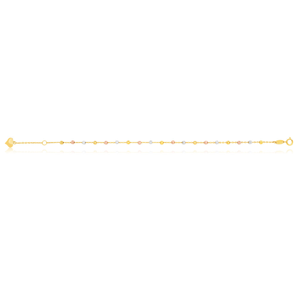 17cm 9ct Gold Three - Tone Beaded Bracelet with 2cm Extension