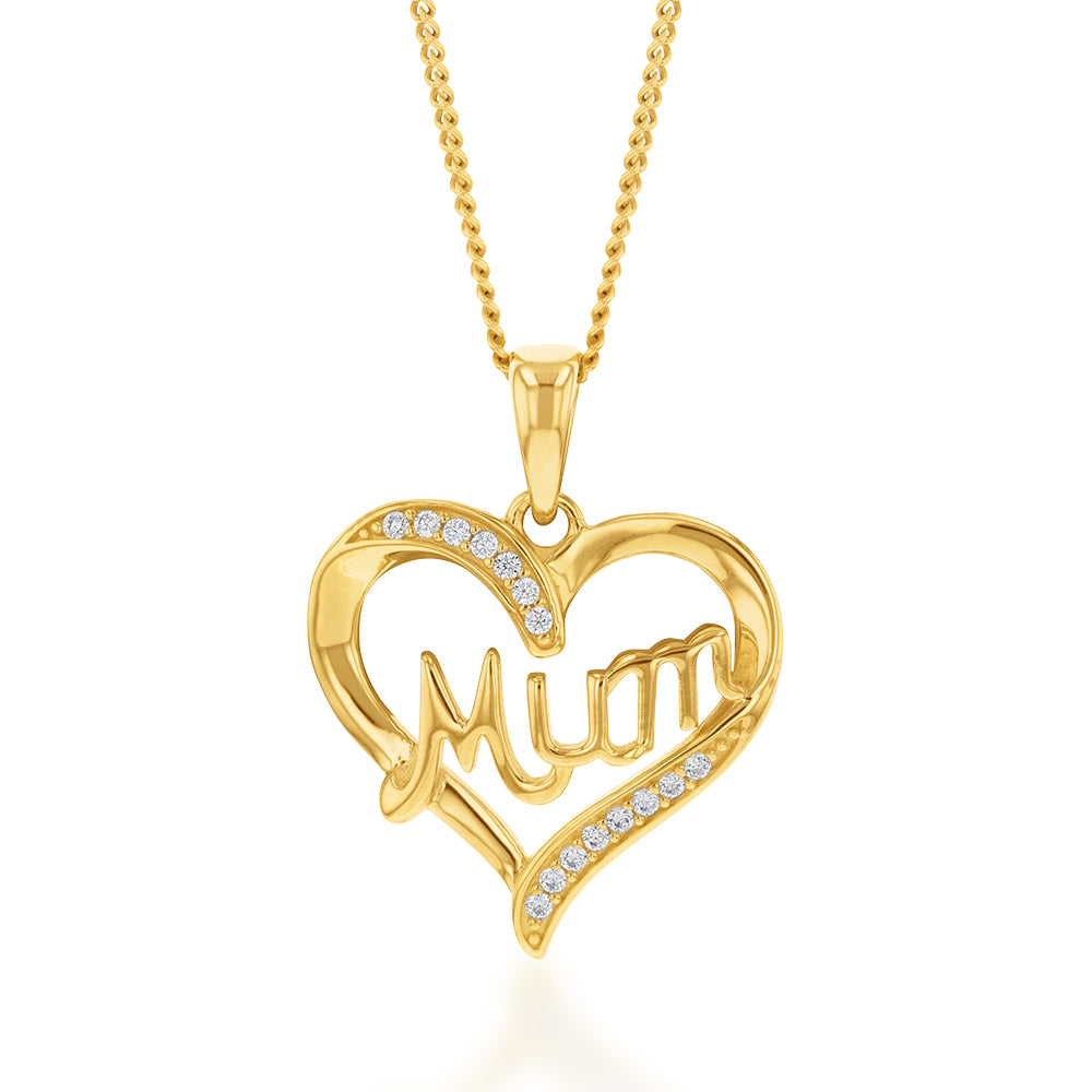 9 Carat Yellow Gold Zirconia-Embedded 'Mum' Heart-Shaped Pendant for Mother's Day Gift