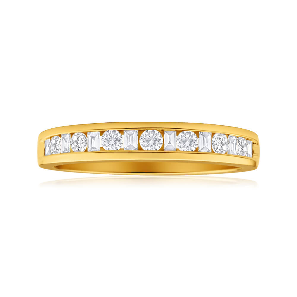 18ct Yellow Gold Wedding Ring Adorned with 15 Mixed Cut 0.30 Carat Diamonds