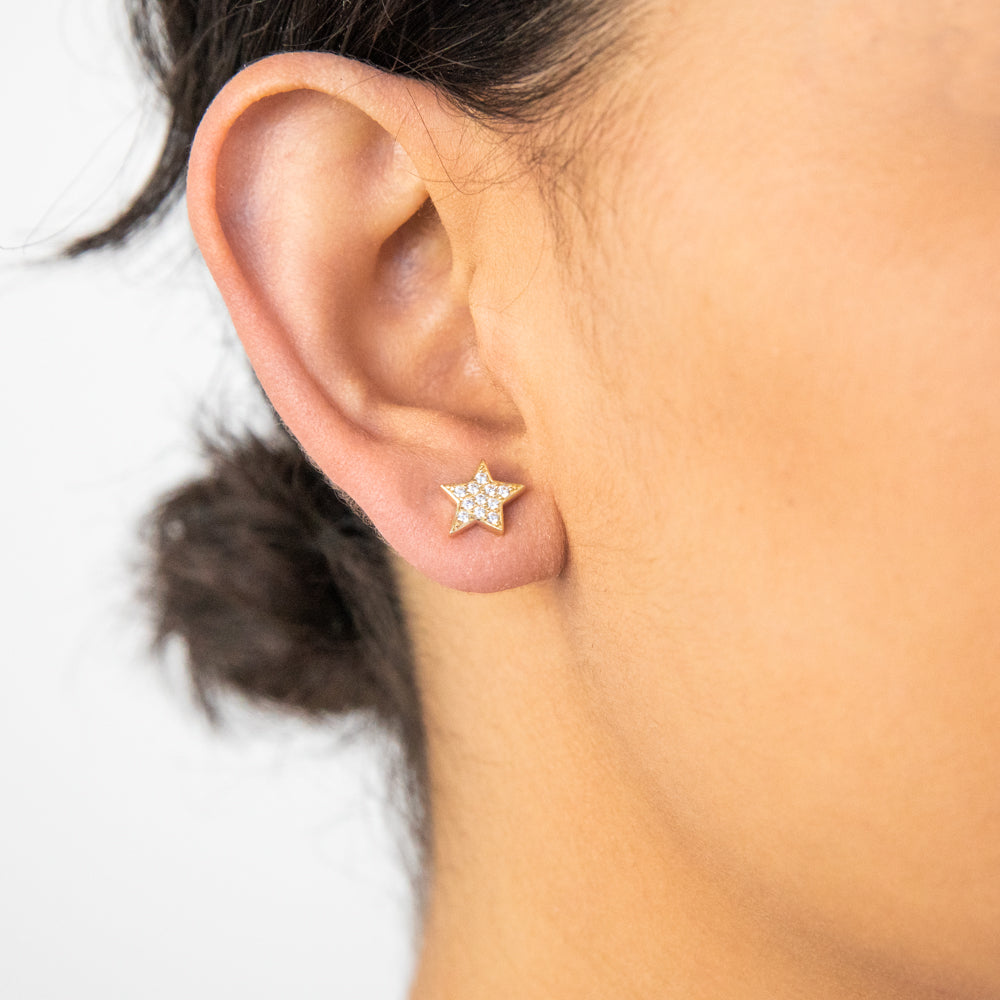 9ct Yellow Gold Fashionable Zirconia Embellished Moon and Star Stud Earrings