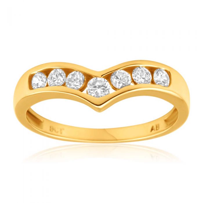 9ct Yellow Gold Wishbone Ring with Sparkling Cubic Zirconias