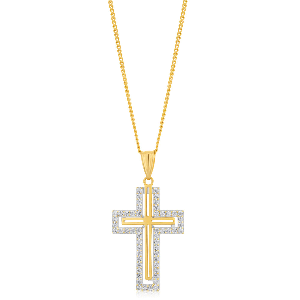 Stunning 9 Carat Yellow Gold Zirconia-Embellished Cross Necklace Pendant