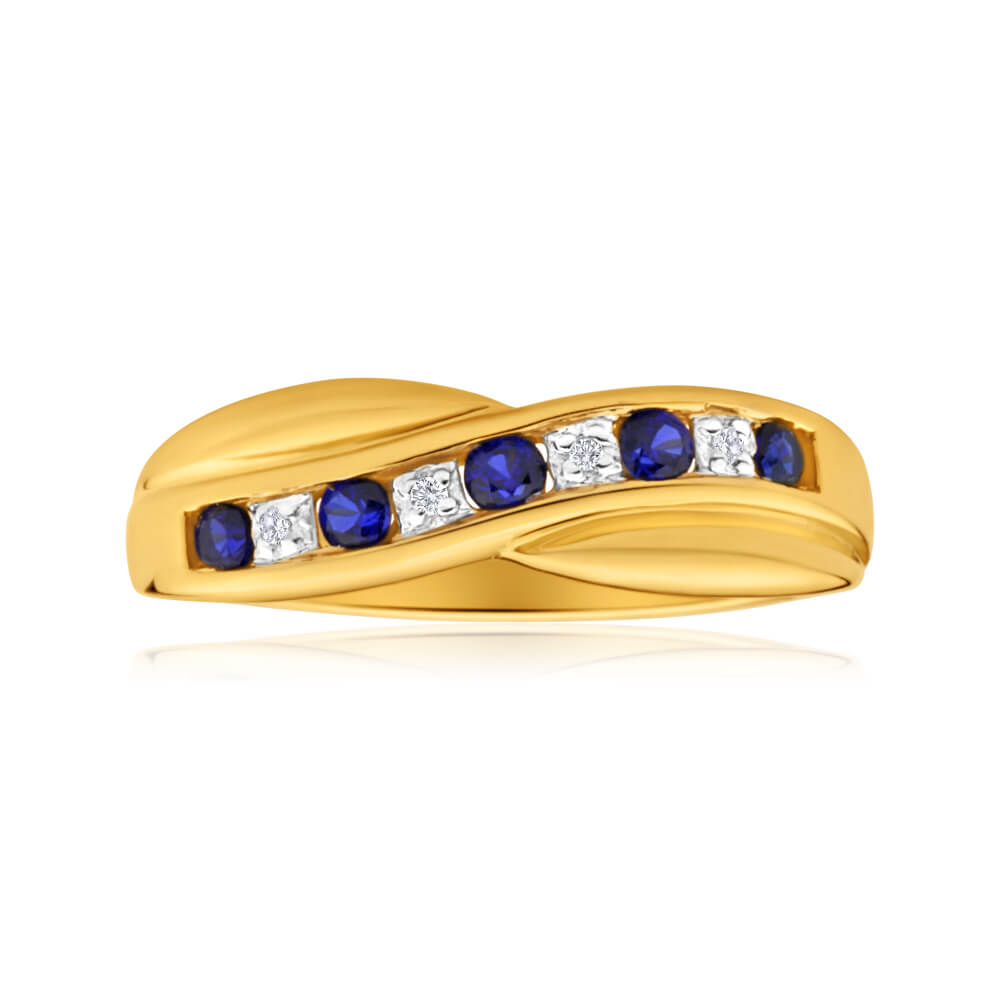 Exquisite 9ct Dazzling Yellow Gold Ring Set with Created Sapphires and Diamonds