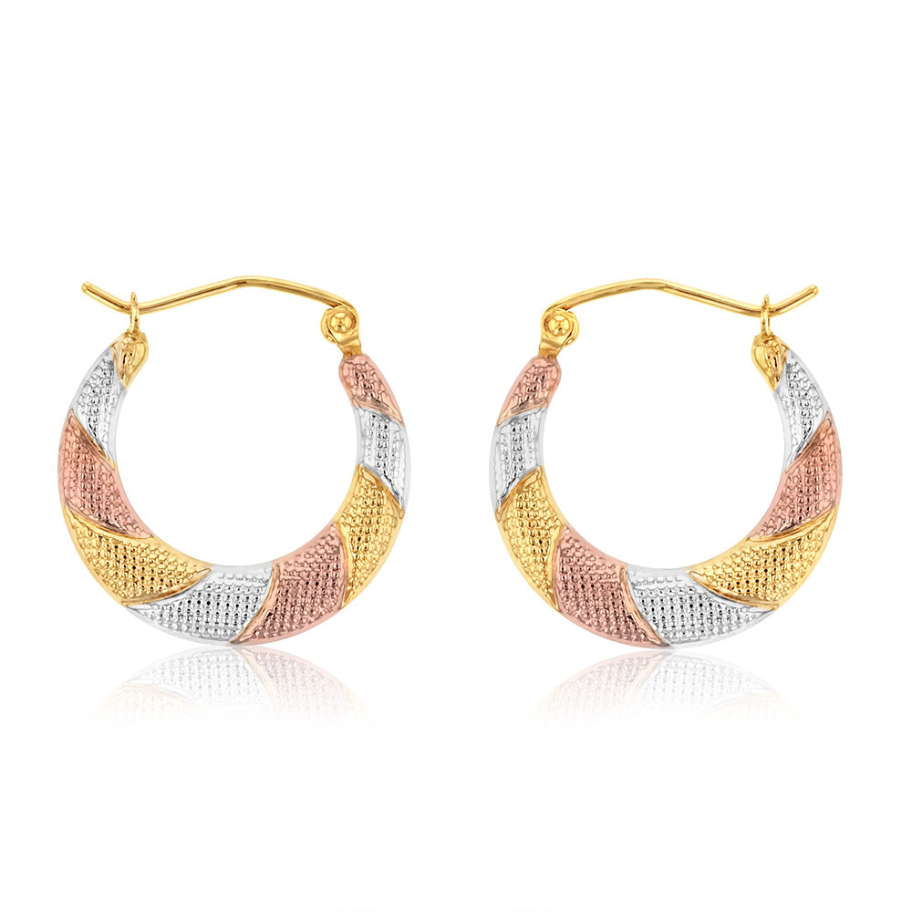 9ct Gold Three - Tone Textured Creole Hoop Earrings in Yellow, Red & White