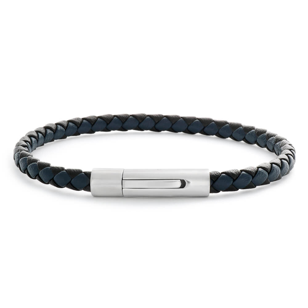 Stylish Forte Men's Stainless Steel Bracelet with Black and Dark Blue Leather Design