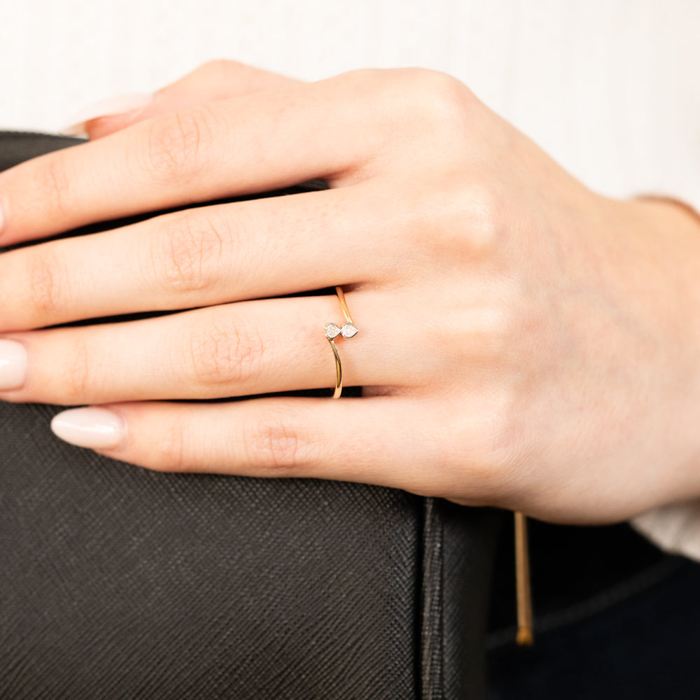 Exquisite 9ct Yellow Gold Ring with Two Heart - Shaped Diamonds