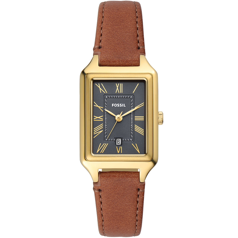 Fossil Raquel ES5303 Gold Rectangular Watch with Brown Leather Strap