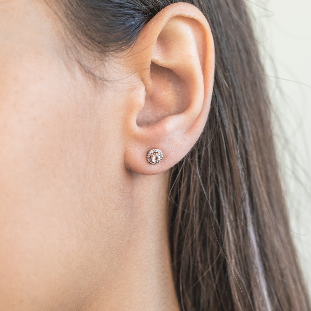 Exquisite 9-carat Rose Gold Stud Earrings with Morganite and Diamond Halo