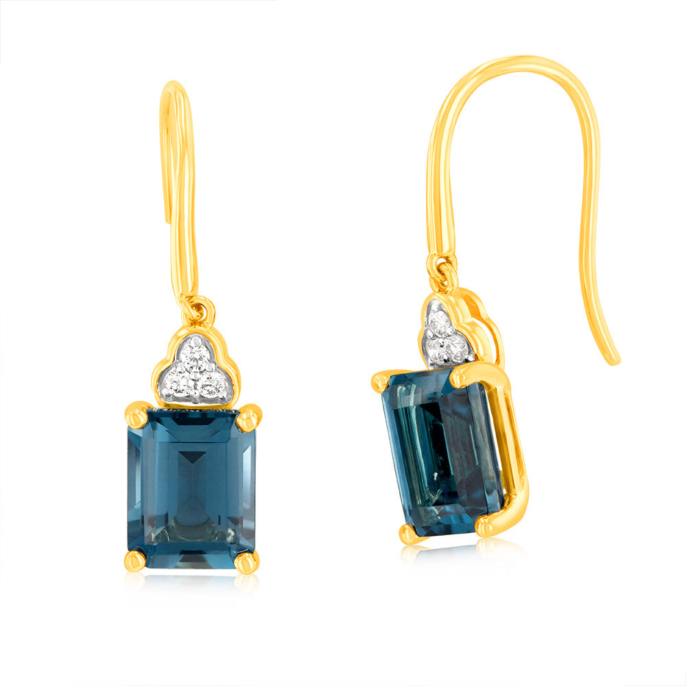 Exquisite 9ct Yellow and White Gold Earrings with 5.6ct London Blue Topaz in Emerald Cut and 1/10 Carat Diamond Drop Design