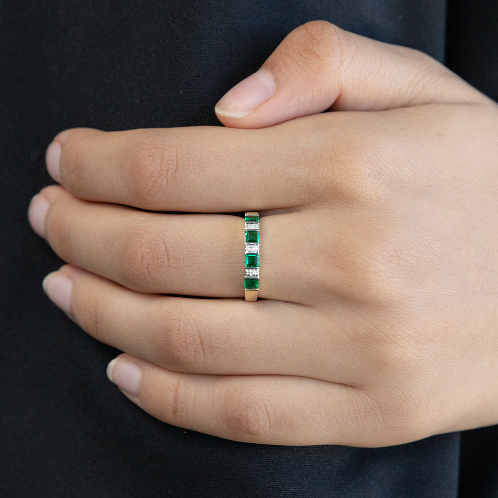 9ct Artificially Created Emerald and Diamond Engagement Ring