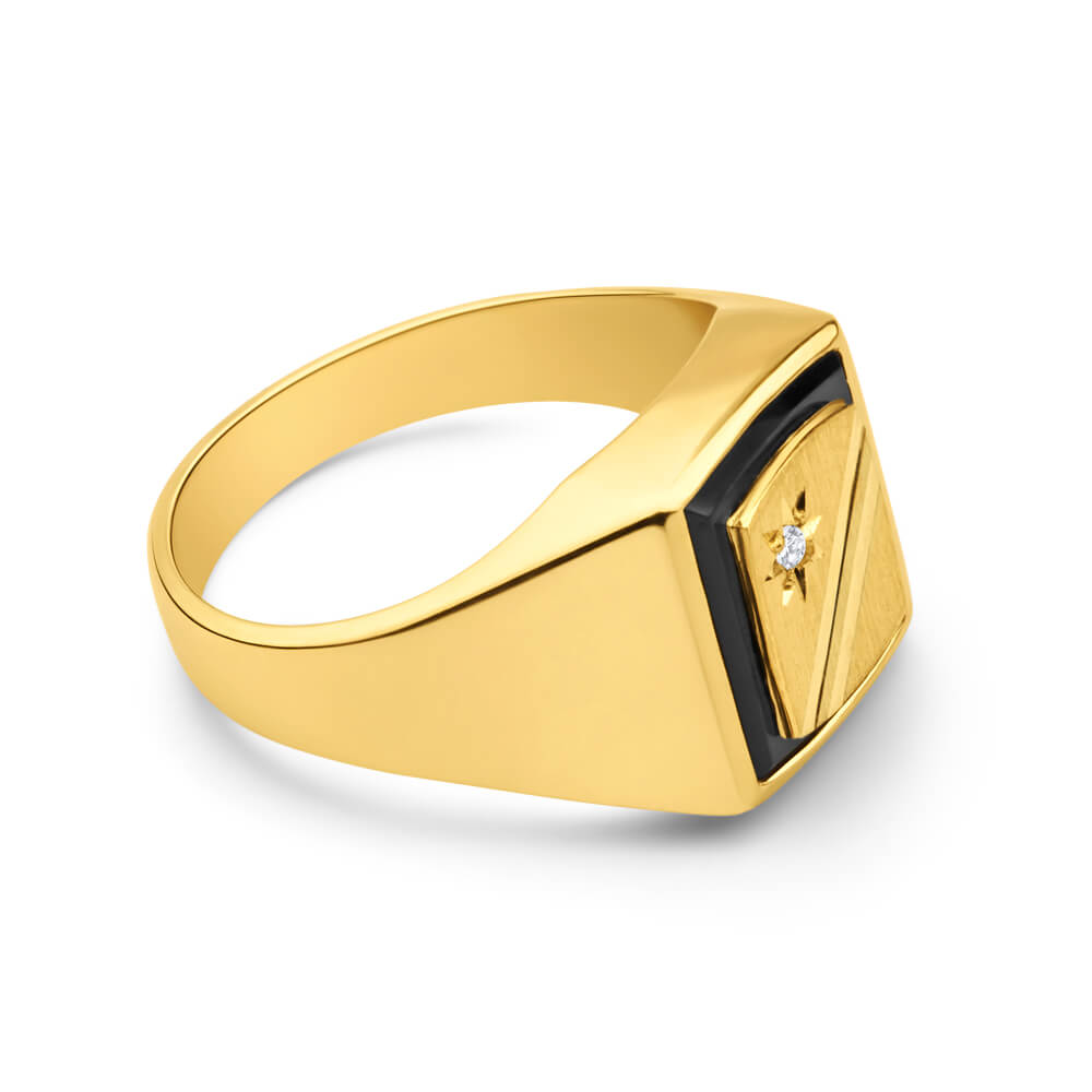 9ct Radiant Yellow Gold with Diamond and Onyx Engagement Ring