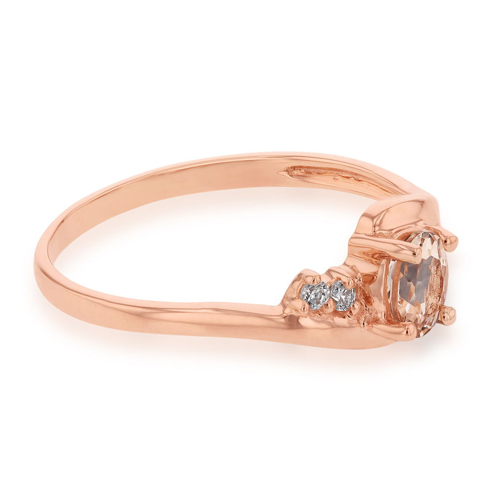 Exquisite 9ct Rose Gold Oval Ring with Morganite and Zirconia (Resizable 1 - 2 Sizes)
