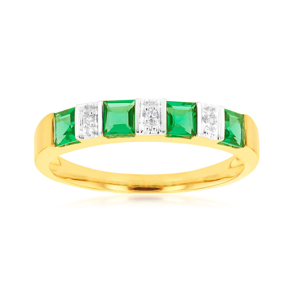9ct Artificially Created Emerald and Diamond Engagement Ring
