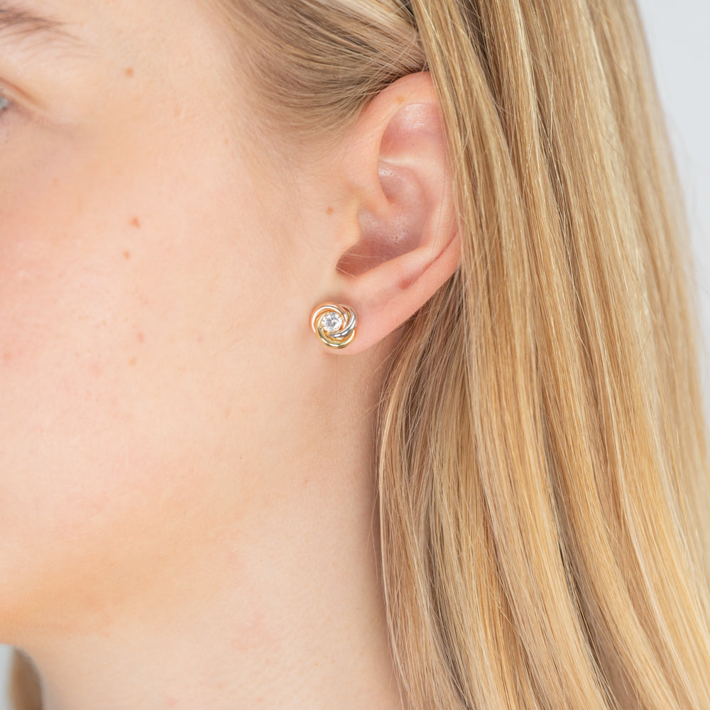 Exquisite 9 Carat Gold Three - Tone 4mm Round - Cut Cubic Zirconia Knot Design Stud Earrings for Women