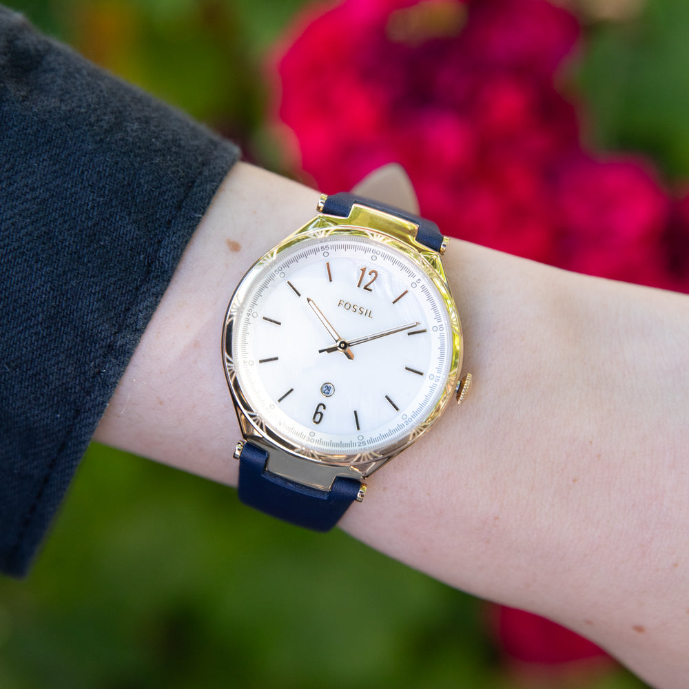 Fossil Ashtyn BQ3744 Quartz Women's Watch with Gold-Plated Stainless-Steel Case and Blue Leather Strap