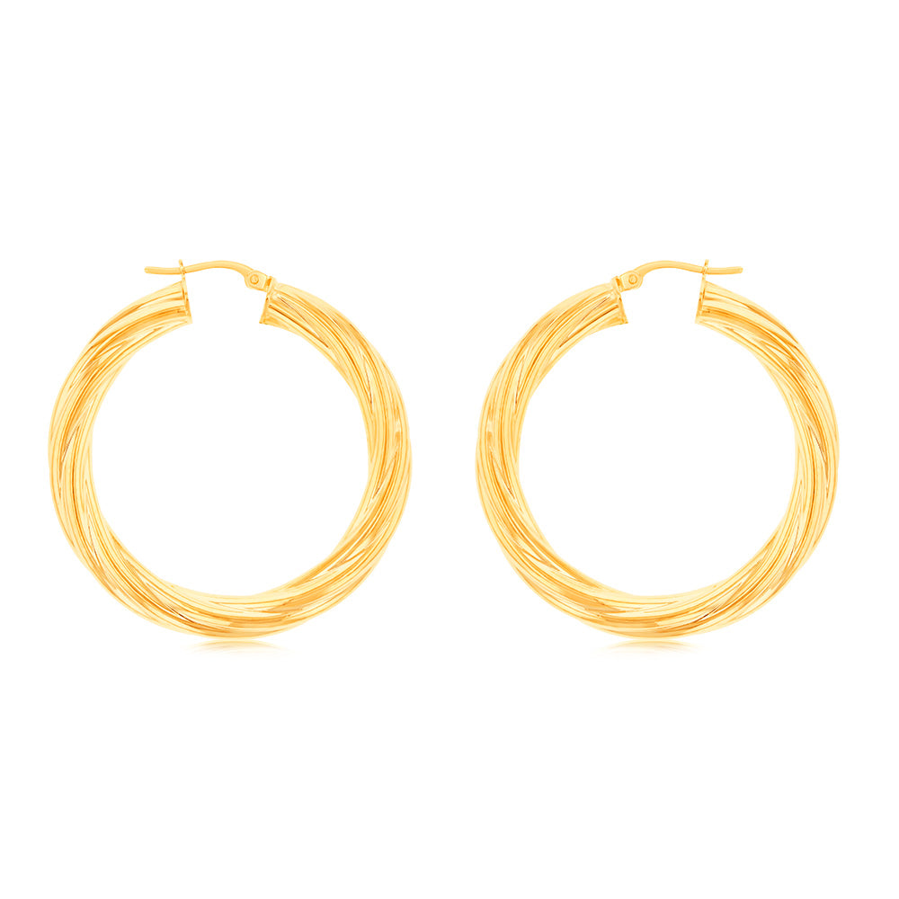 30MM 9ct Yellow Gold Twisted and Striped Hoop Earrings