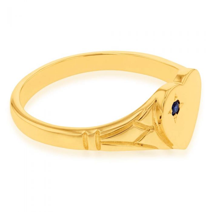 9 Carat Yellow Gold Sapphire Heart-Shaped Signet Ring in Size L - A Timeless Jewelry Piece