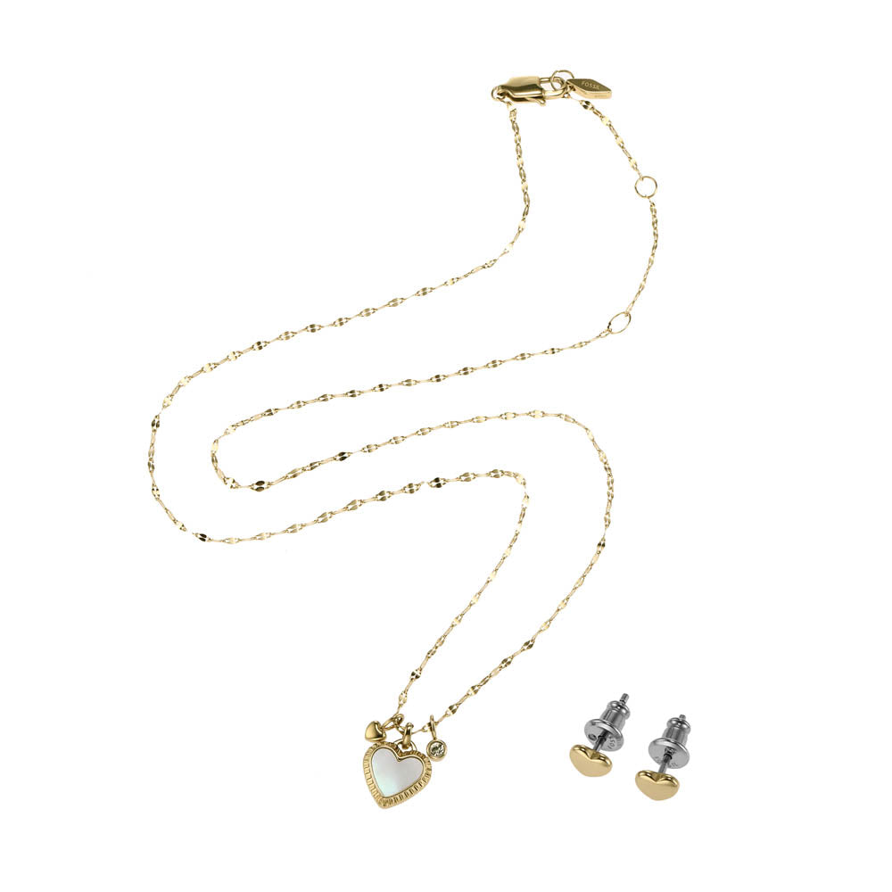 Fossil Fashionable Yellow Gold - Coated Stainless Steel Mother - of - Pearl Earring and Pendant with Chain Jewelry Set