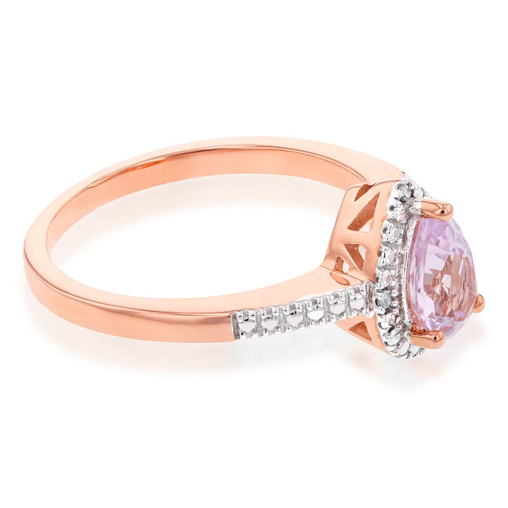 Exquisite 9ct Rose Gold Ring Featuring Created Peach Sapphire and Diamond in Pear Shape