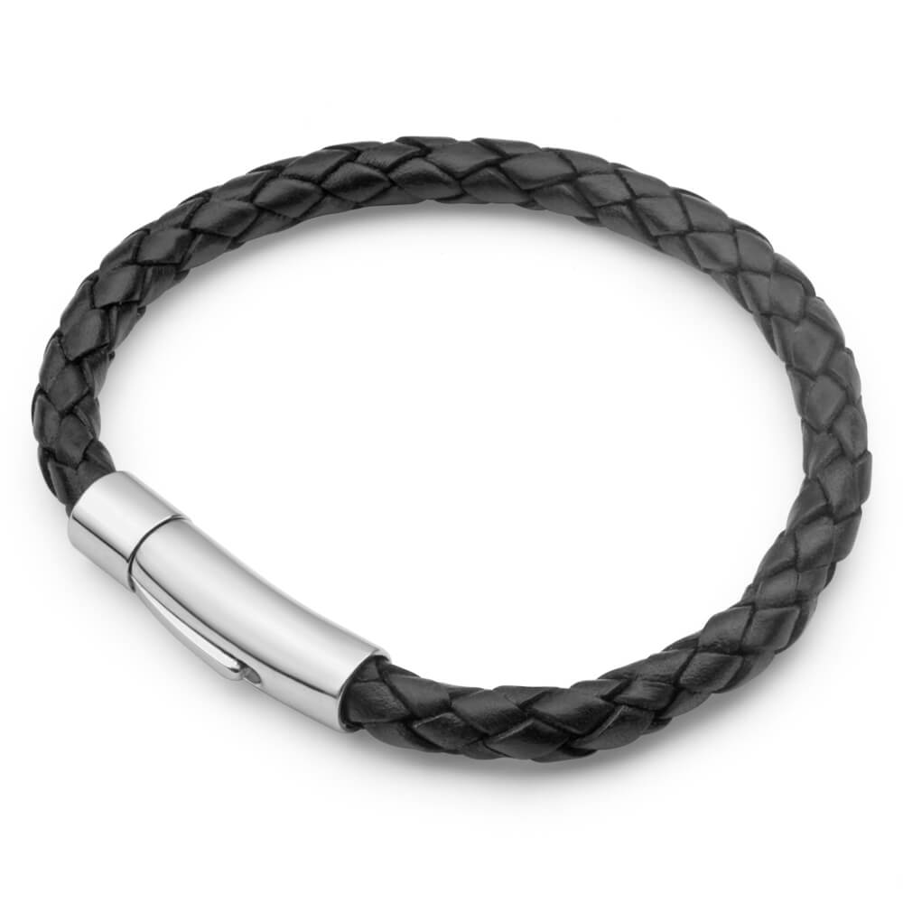 21cm Forte Black Leather Stainless Steel Bracelet with Twist Lock Magnetic Clasp