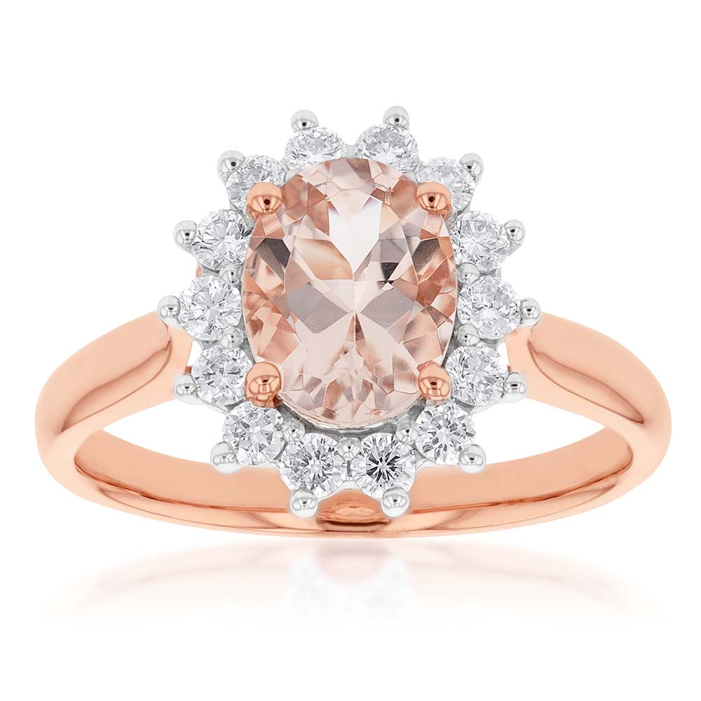 Exquisite 9ct Rose Gold Ring with 1.50ct Morganite and 0.50ct Diamond Halo